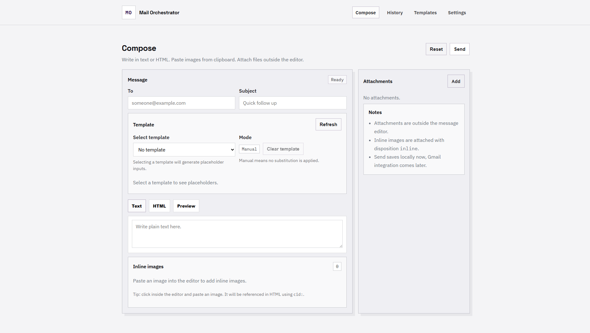 Mail Orchestrator interface for composing emails, templates, and attachments