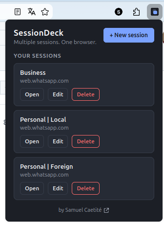 SessionDeck popup showing saved sessions